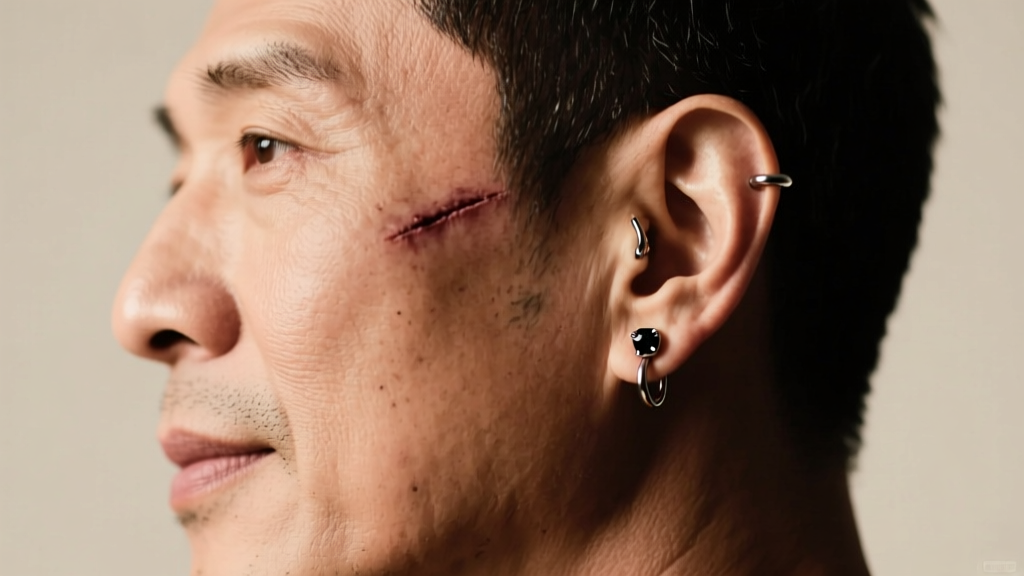 Side profile of a man with a healed 16-gauge titanium daith piercing and a subtle black zircon clicker hoop, studio lighting