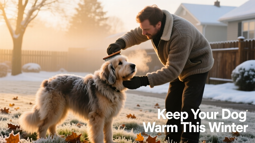 A groomer brushing a fluffy double-coated dog outdoors on a crisp winter day