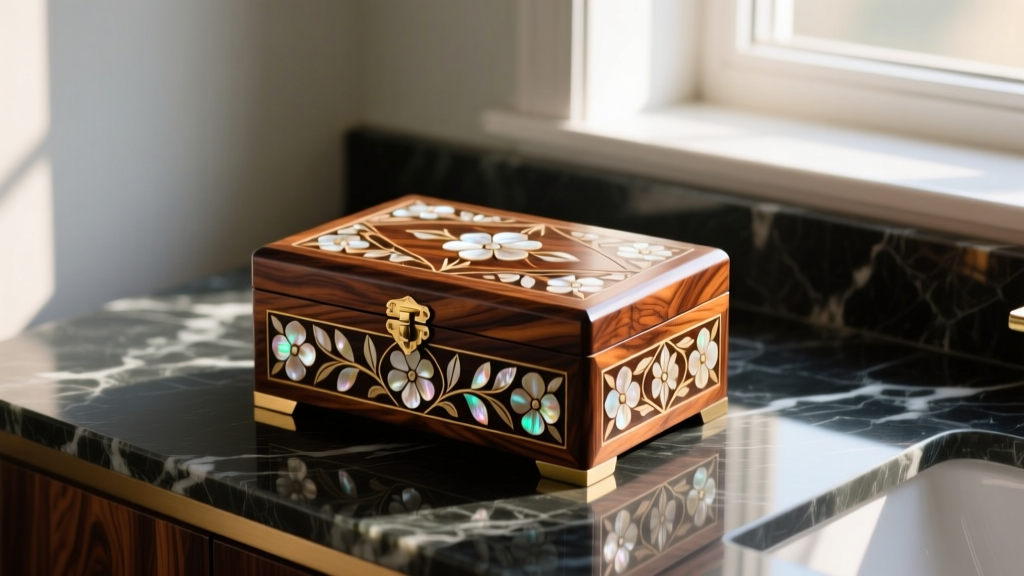 A burl walnut inlaid jewelry box with mother-of-pearl floral marquetry resting on a dark marble vanity in soft morning light