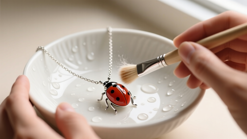 Hands gently cleaning a sterling silver carnelian ladybug necklace with a soft-bristled brush and mild soapy water in a ceramic bowl