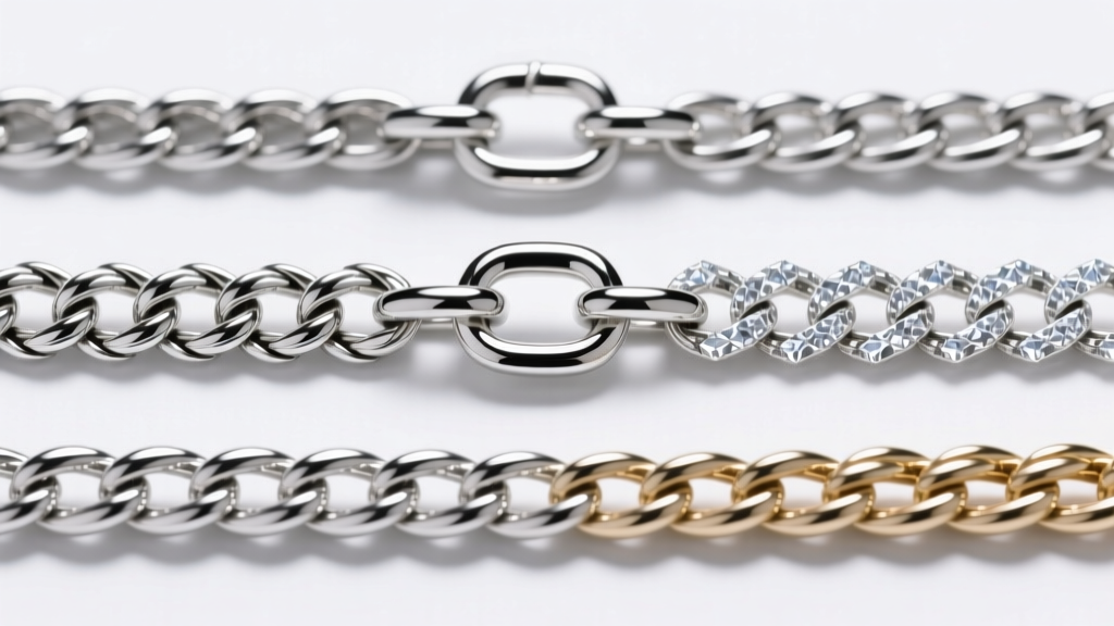 Macro comparison of silver herringbone, box, and wheat chain weaves showing interlocking link structures under bright studio light