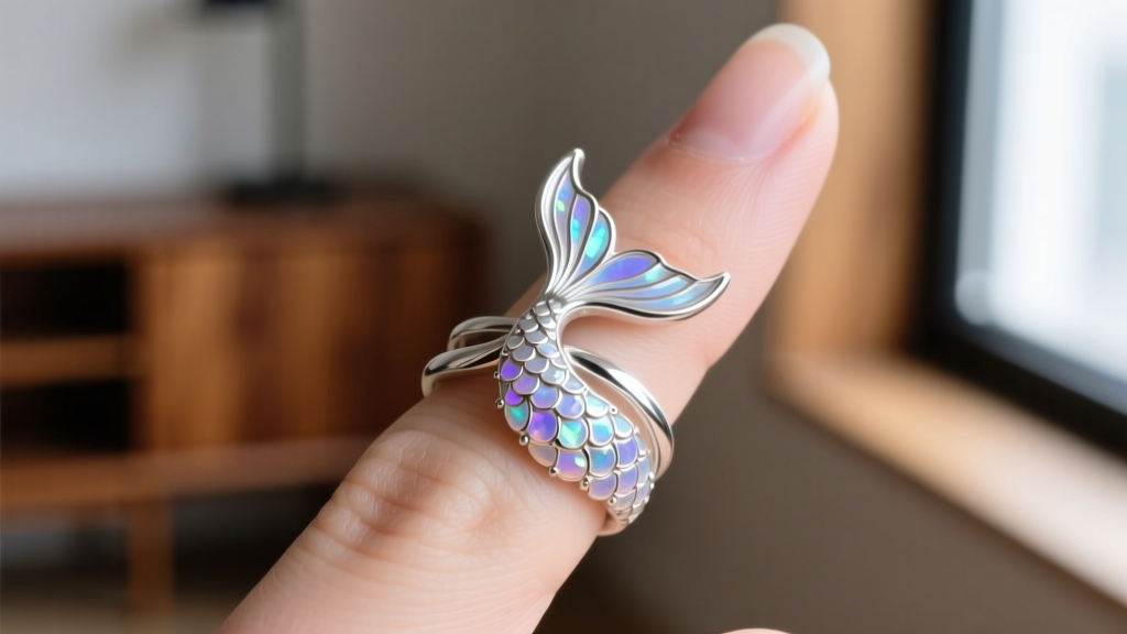 Macro shot of a sterling silver mermaid tail ring wrapping around a finger, featuring iridescent moonstone scales.