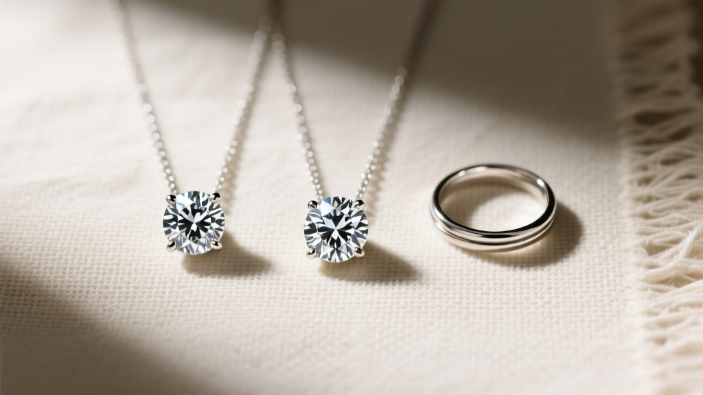 Overhead shot of a minimalist jewelry capsule featuring three bezel-set diamond pendants and two thin stacking rings on raw linen.