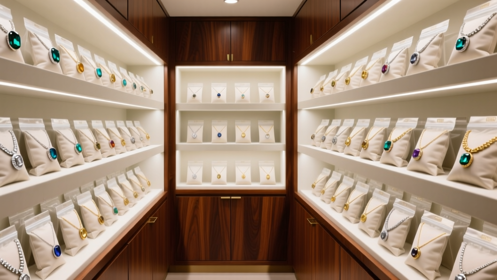 Wholesale jewelry inventory stored in anti-tarnish bags inside a climate-controlled mahogany cabinet with soft interior lighting.