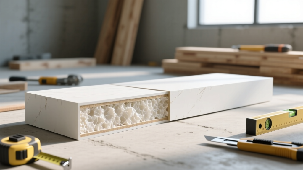 Cross-section of 5/8-inch Type X gypsum board showing dense calcined gypsum core and heavy-duty paper facing on a framing site.