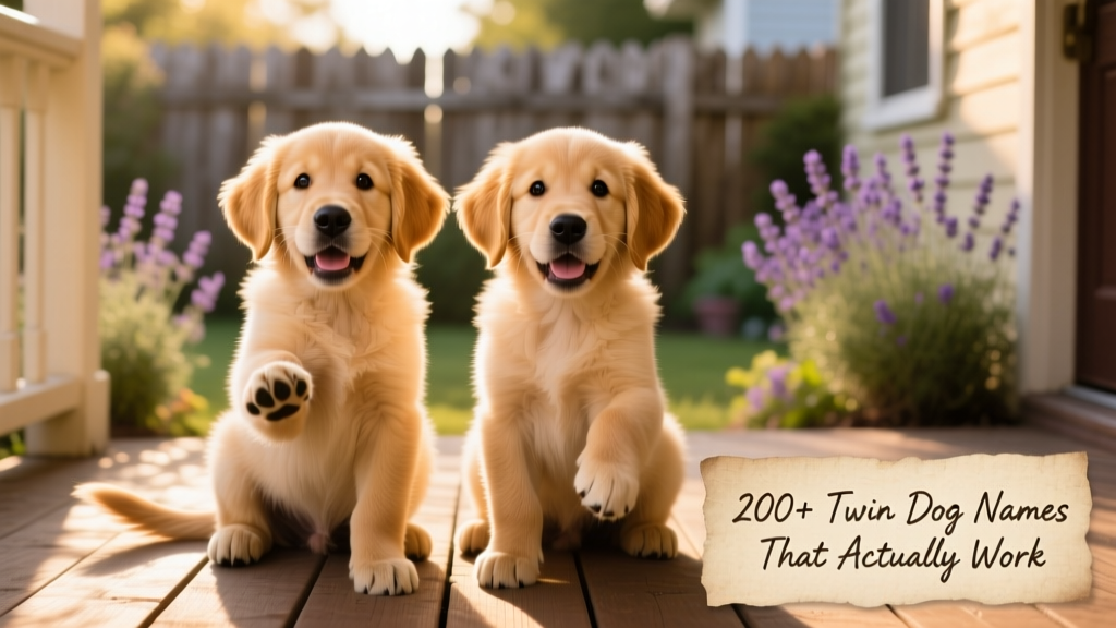 Two joyful, matching-breed dogs sitting side by side, looking at the camera with playful expressions