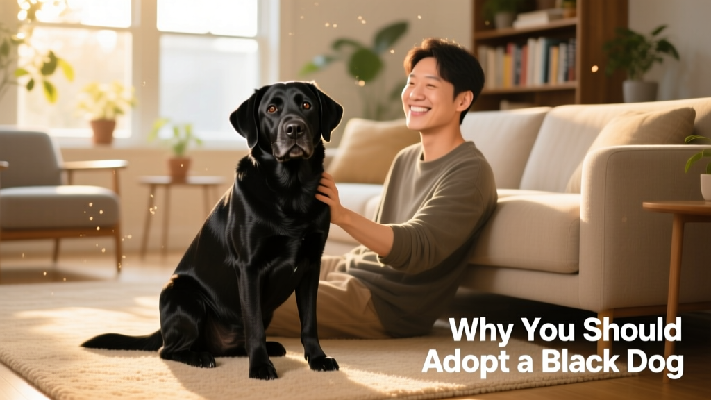 A friendly black dog sitting calmly beside a person on a sunlit living room floor