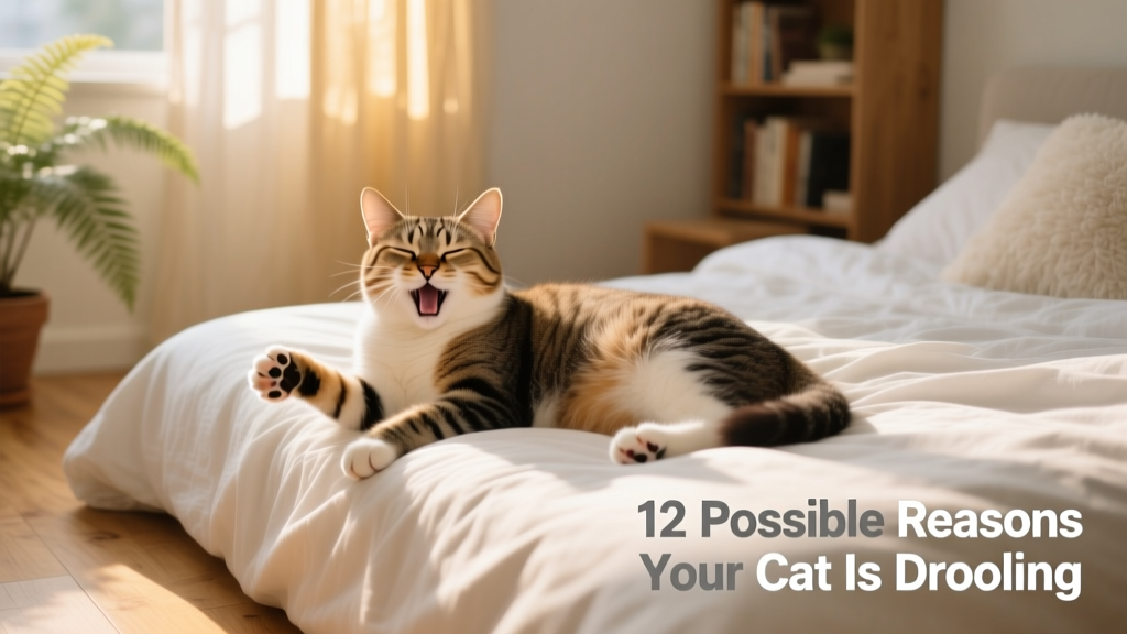Cat relaxed on a cozy bed, gently kneading and purring