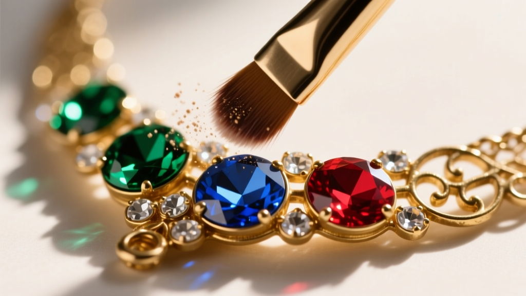 Soft-bristled makeup brush gently cleaning foil-backed glass rhinestones on a vintage gold-tone holiday charm necklace close-up.