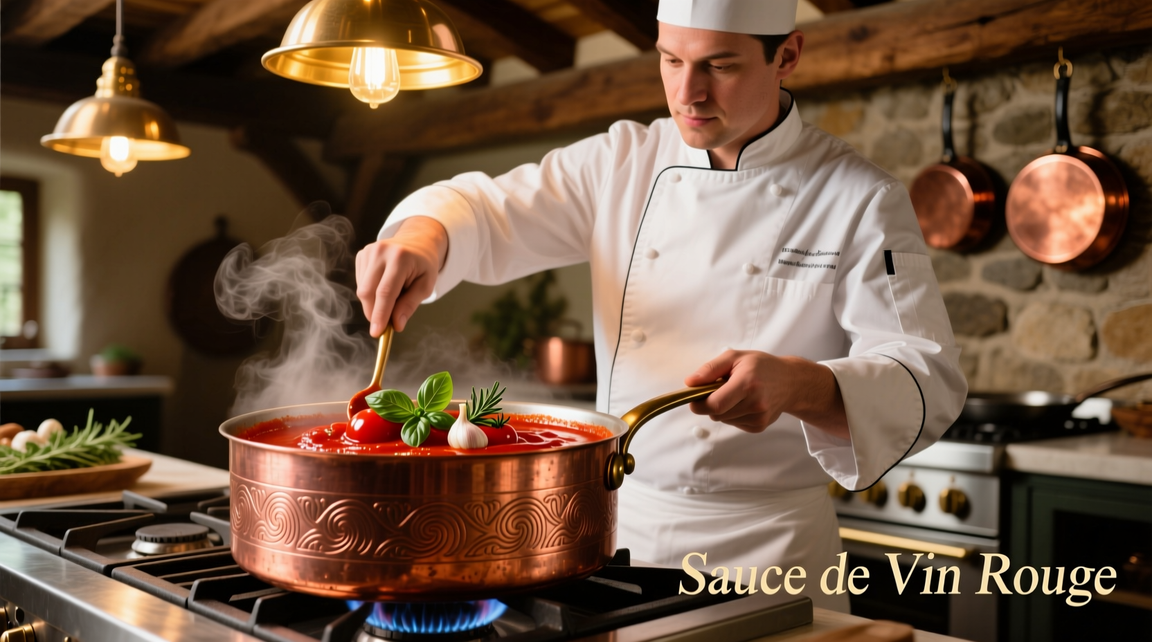 Chef stirring red wine tomato sauce in copper pot