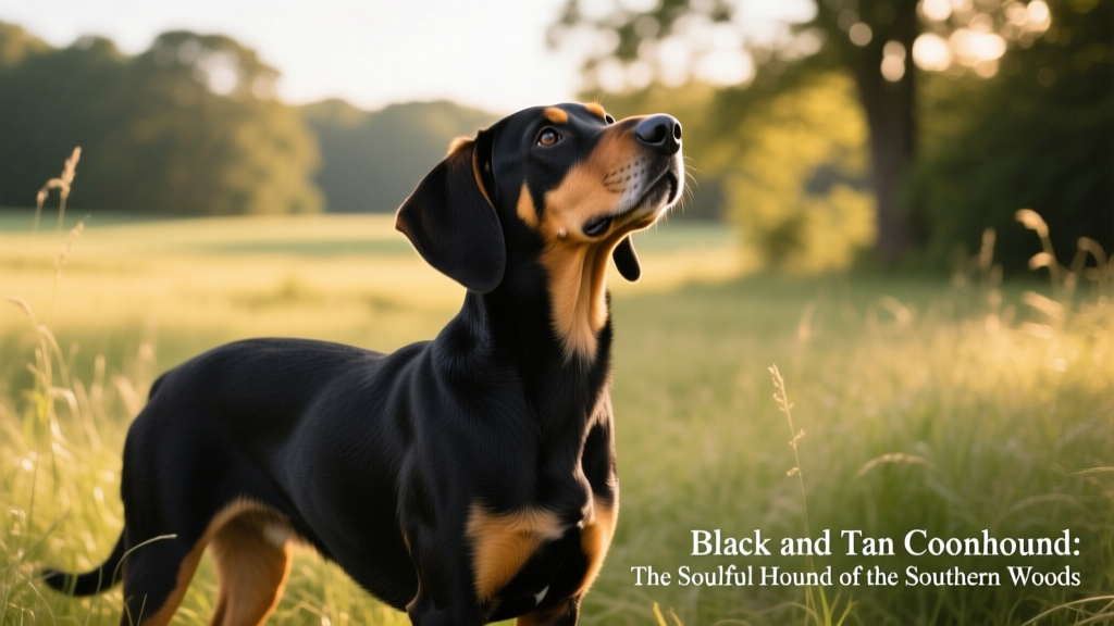 black and tan coonhound in grass looking up