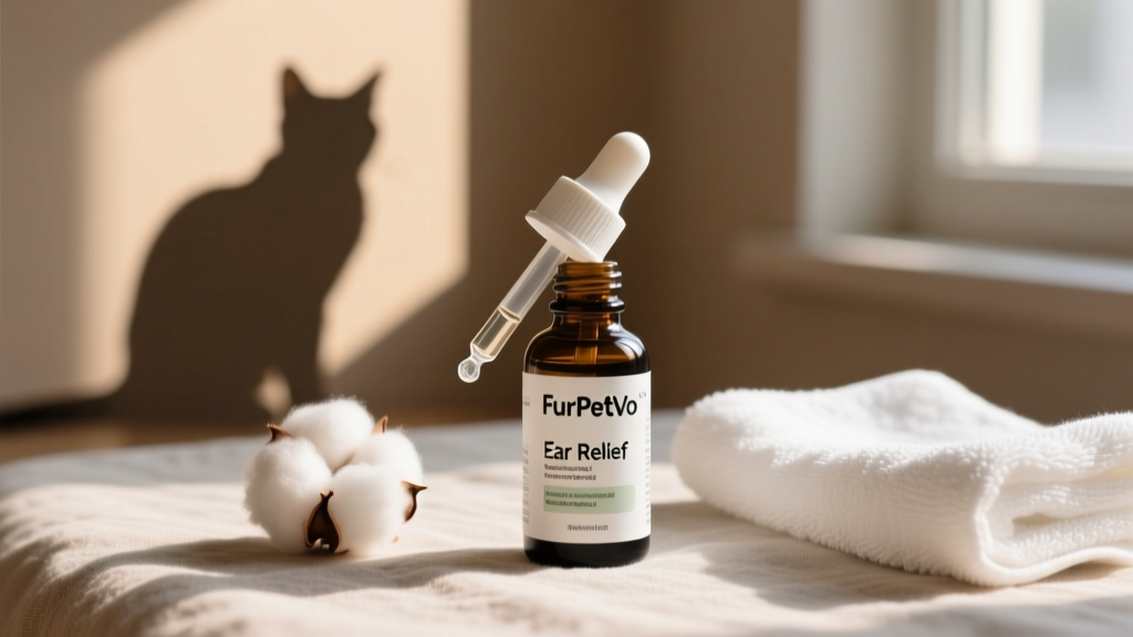 Bottle of FurPetVo Ear Relief Drops with dropper applicator next to a cotton ball and clean towel