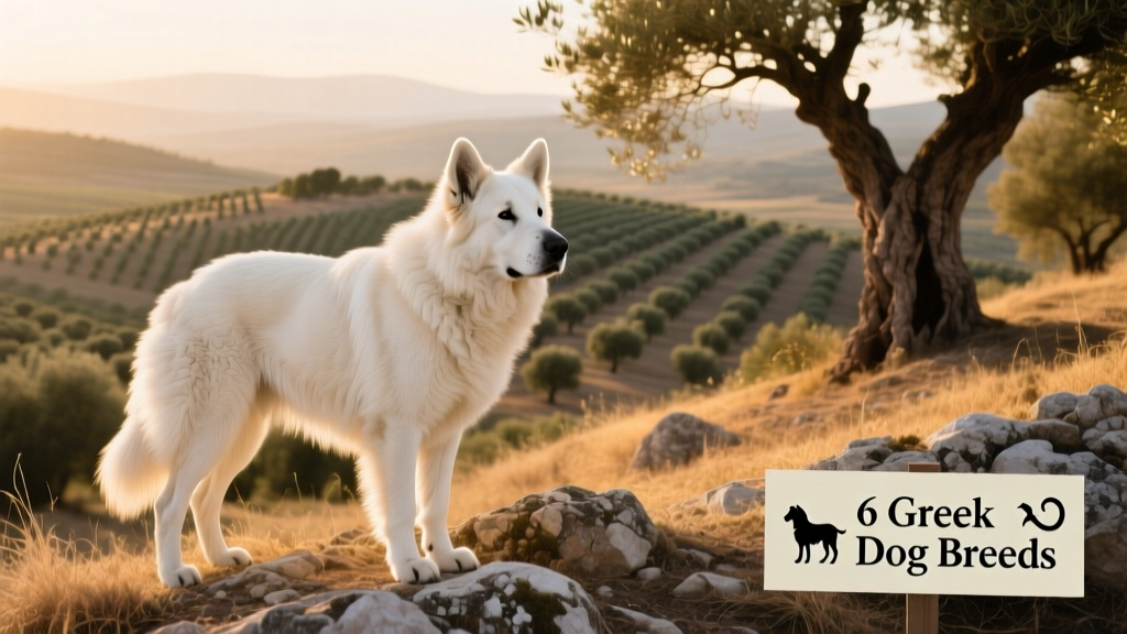 A majestic white Greek Shepherd standing alert on a rocky hillside overlooking olive groves