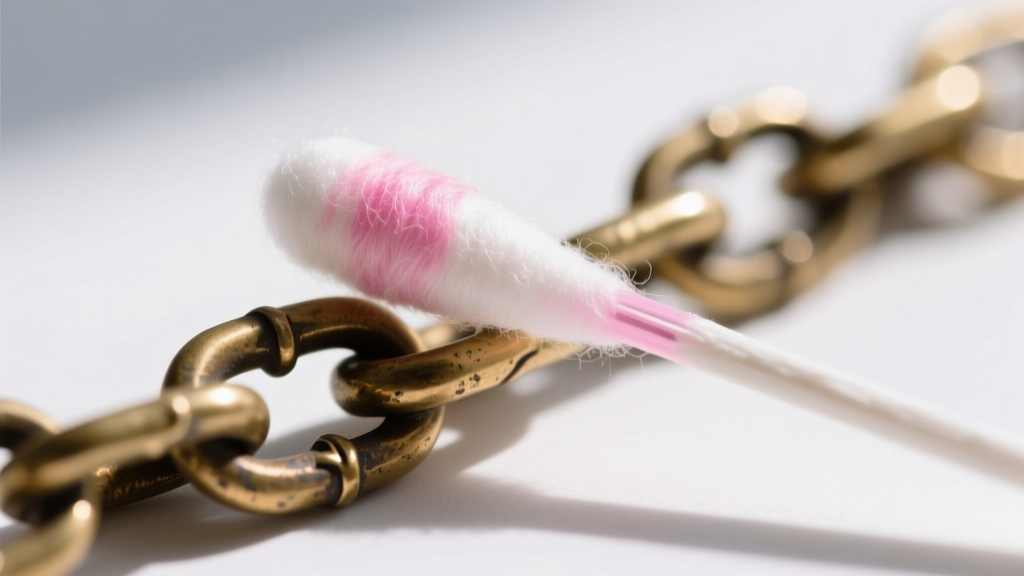 Macro photo of a cotton swab with pink residue from a nickel test on a vintage brass chain link against a clean white background.