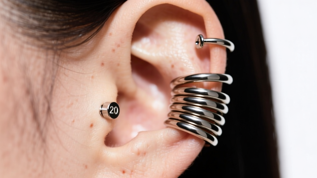 Close-up of an ear featuring a stack of 16-gauge titanium cartilage hoops and a 20-gauge lobe stud under bright studio lighting.