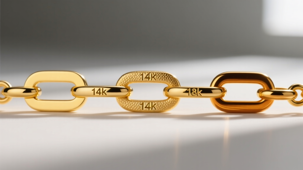 Three gold rosary links in 10k, 14k, and 18k side-by-side, highlighting color shifts from pale yellow to deep rich gold tones.