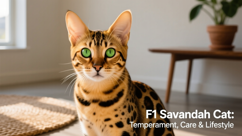 Front-facing portrait of an F1 Savannah cat showing large ears, golden coat with bold black spots, and intense green eyes