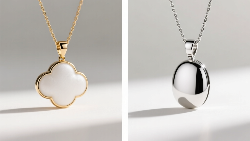 Split-screen of a cloudy white gold pendant on the left and a polished rhodium-plated pendant on the right under bright lighting.