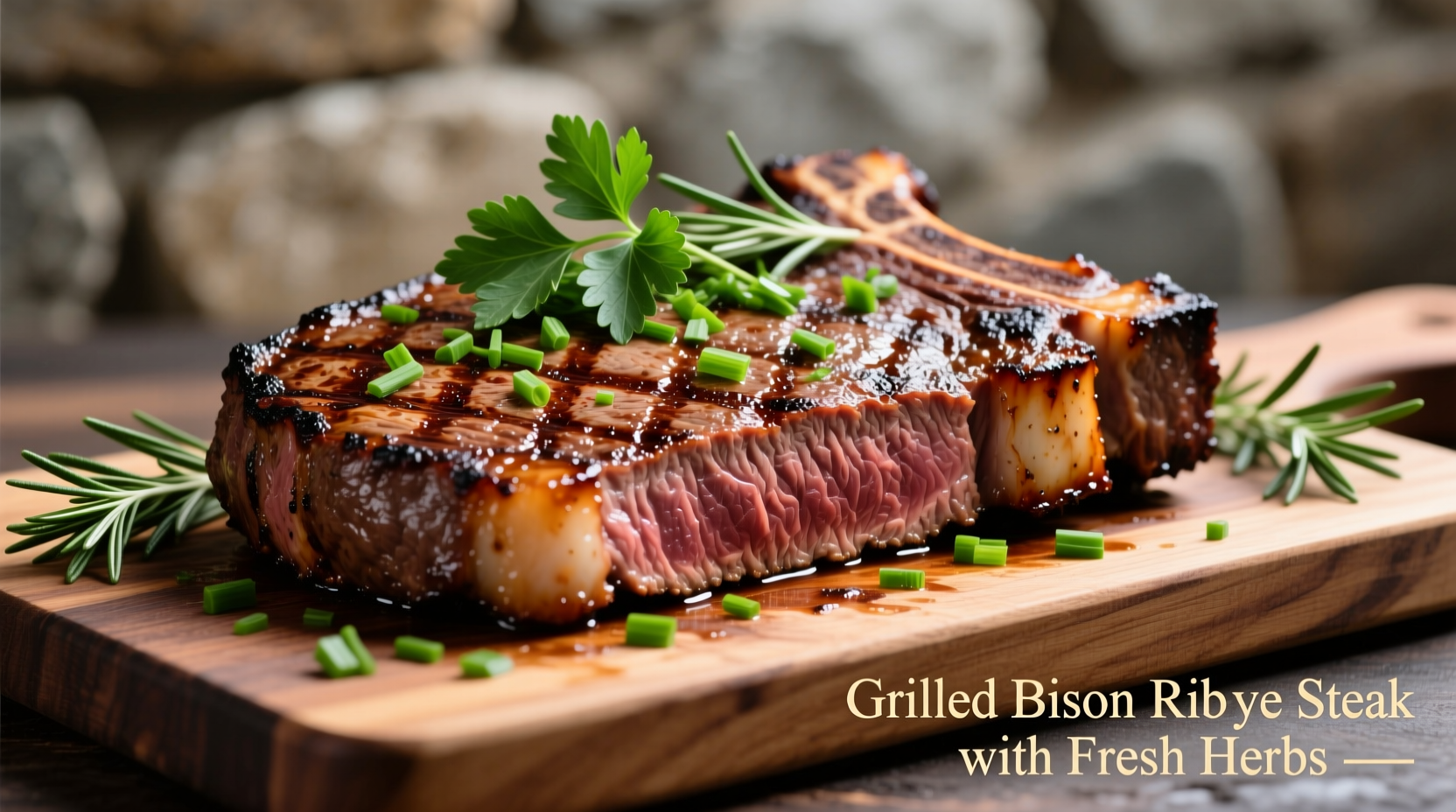 Grilled bison ribeye steak with fresh herbs