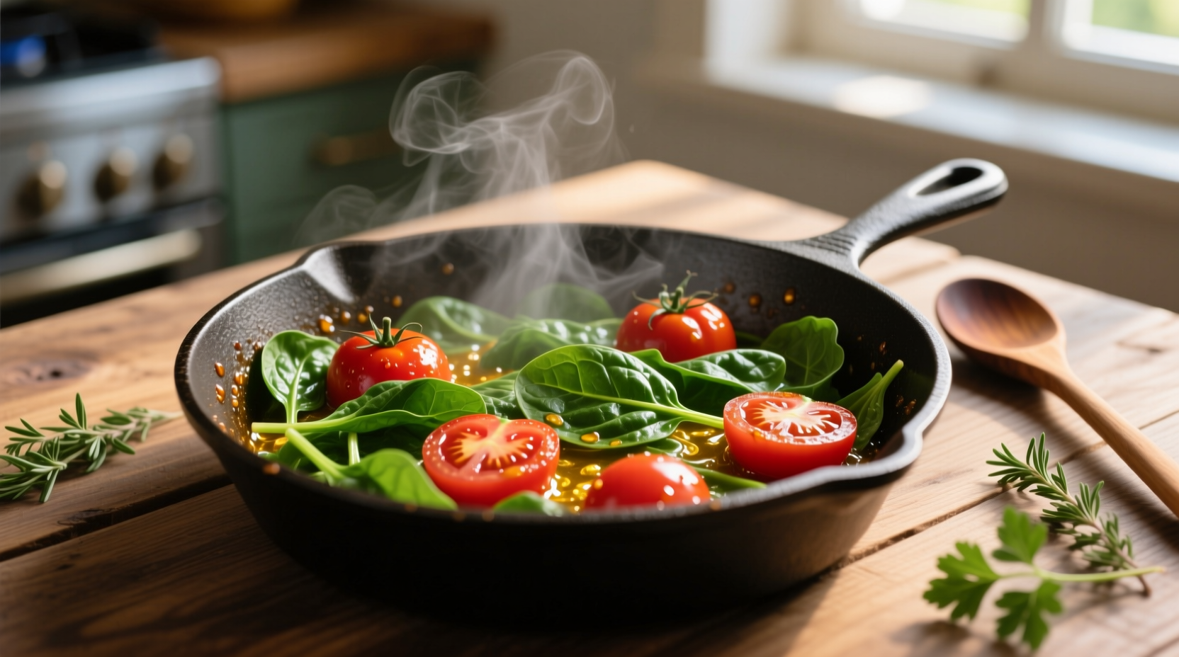 Fresh spinach and tomatoes sautéed in a skillet