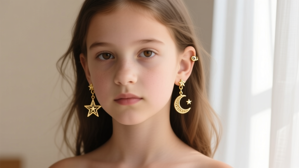 Young girl wearing lightweight 14k gold celestial dangle earrings with secure screw-back clasps in soft natural window light