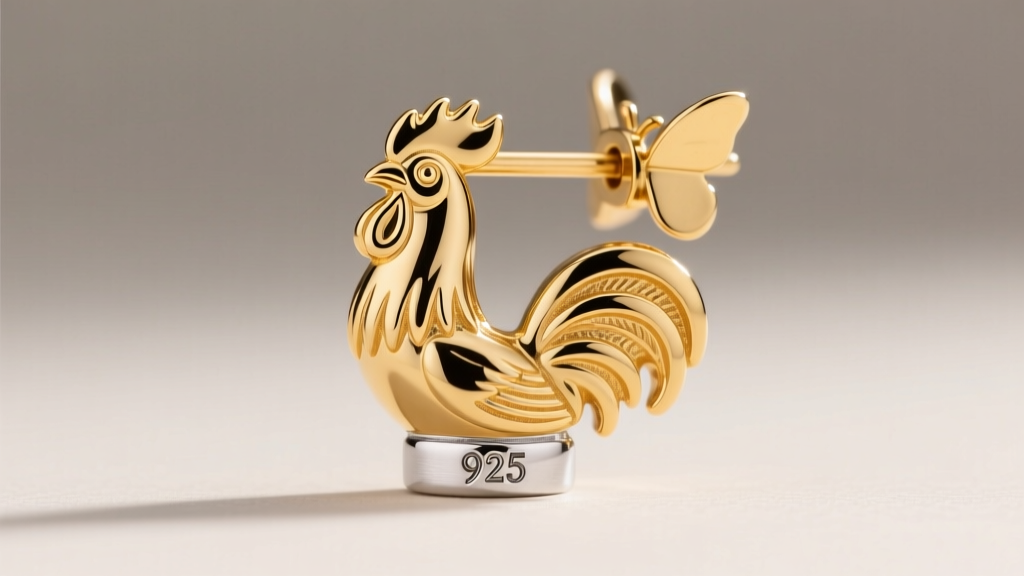 Macro shot of a gold vermeil gamecock earring post, revealing the 925 silver stamp and a secure butterfly backing mechanism.