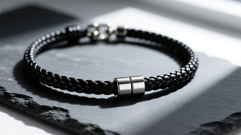 Close-up of a mens leather necklace with a 4mm braided black cord and a brushed steel bayonet clasp resting on dark slate.
