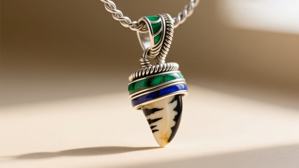 Extreme close-up of a 925 sterling silver wire wrap bail securing a small tiger shark tooth, highlighting the metal texture and enamel ridges.
