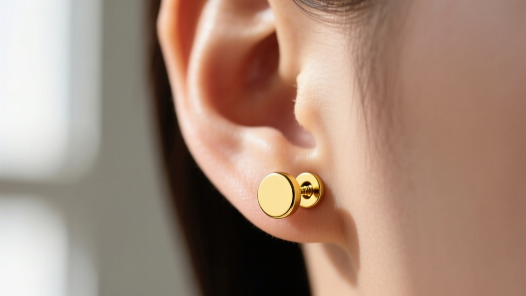 Close-up of an earlobe featuring a polished 14k yellow gold 6mm circle stud earring with a secure screw back in soft natural lighting