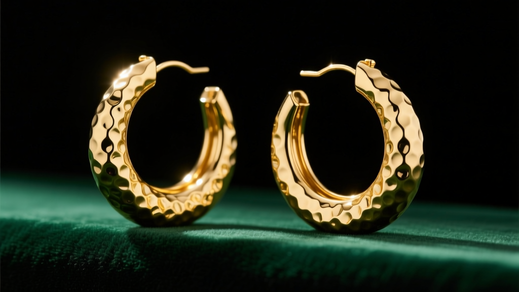 Close-up of oversized 1990s textured gold hoops resting on dark emerald velvet, illuminated by soft directional studio lighting
