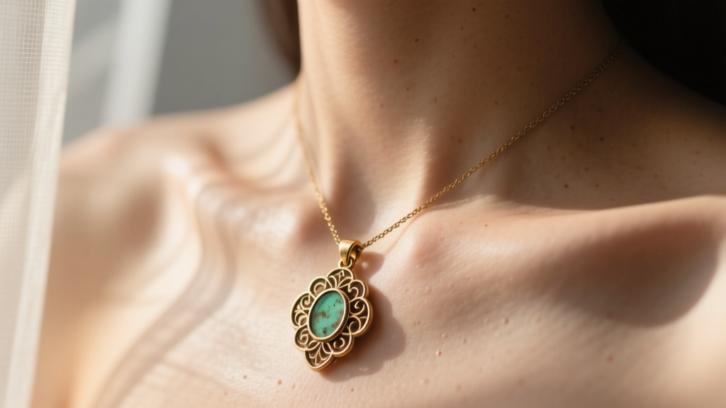 Close-up of a collarbone wearing a delicate brass pendant, showing a subtle greenish tint on the skin from copper oxidation.