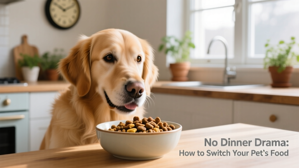 A calm, happy dog eating from a clean bowl with both old and new kibble mixed together