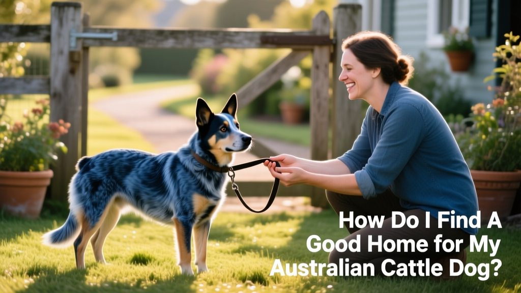 Owner handing over a leash to a new adopter while both smile, with Australian Cattle Dog sitting calmly between them