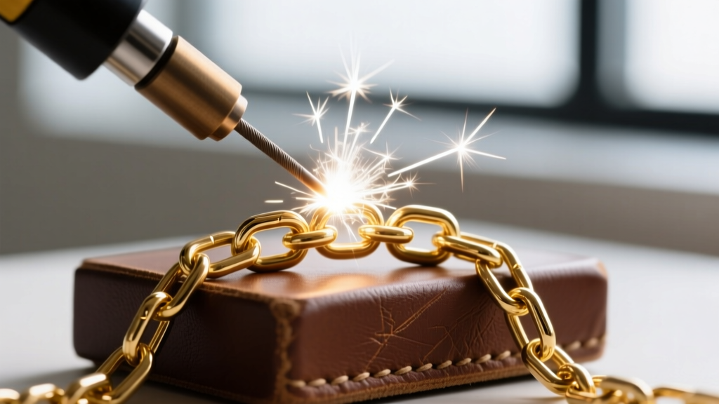 Close-up of a micro-welder electrode touching a 14k gold chain link on a leather bench block, emitting a tiny bright white spark.