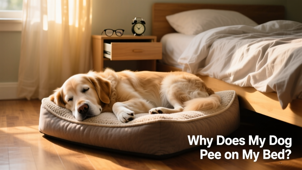 Senior dog sleeping soundly on a dog bed beside a human bed