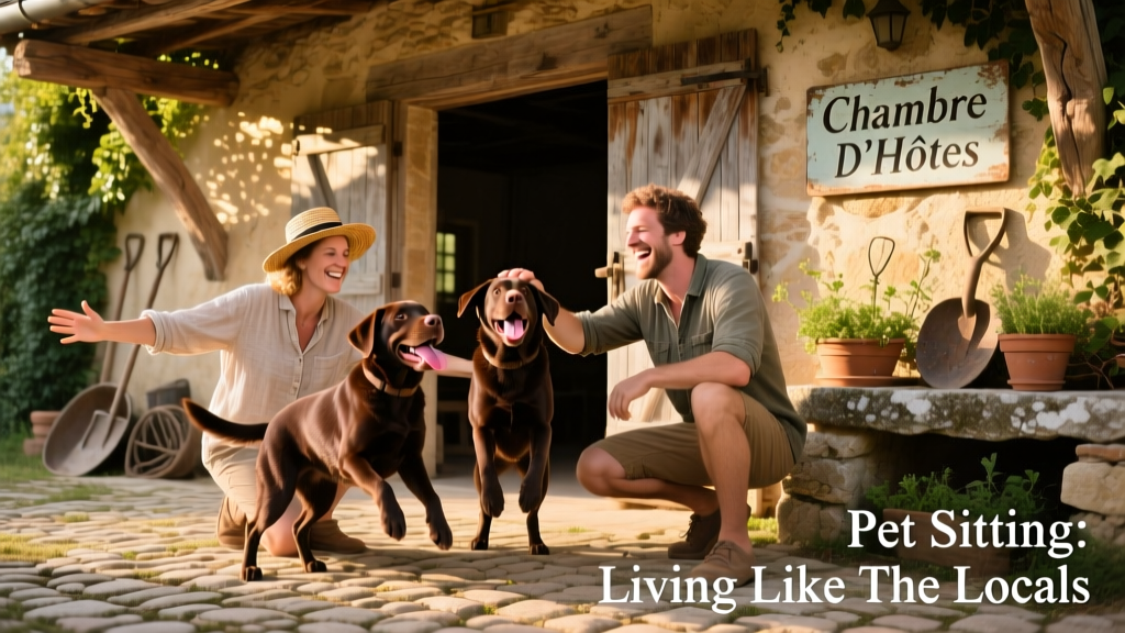 Two chocolate Labrador Retrievers enthusiastically greeting Gill and Andy at the entrance of a converted barn in rural France