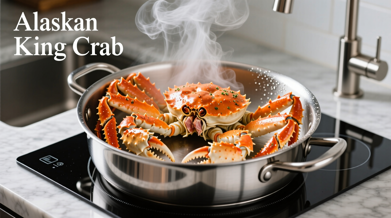Steaming Alaskan king crab legs in stainless steel pot