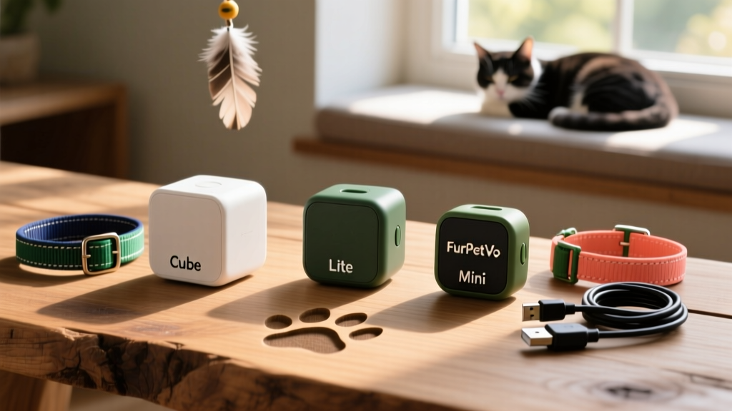 Side-by-side comparison of three FurPetVo trackers on a wooden surface, labeled 'Cube', 'Lite', and 'Mini', with collars and charging cables