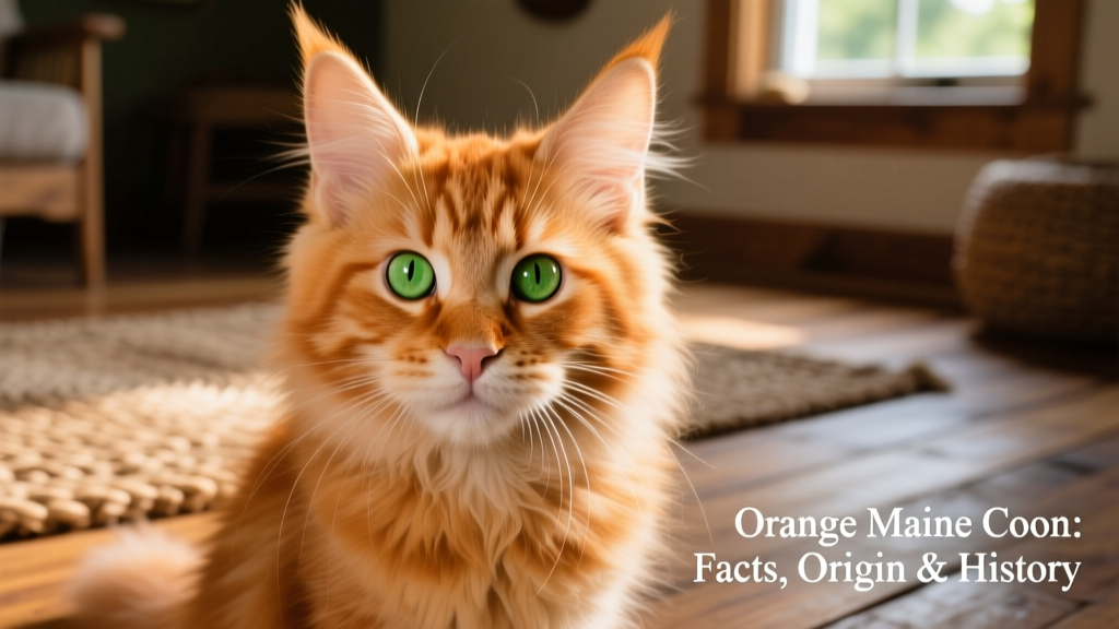 A close-up portrait of an orange Maine Coon kitten gazing directly at the camera, highlighting its green eyes and soft, downy fur