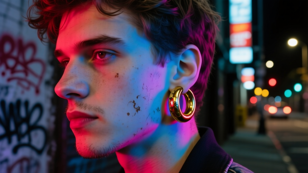 Close-up of a man wearing a tarnished 14mm gold hollow tube hoop earring, shot in streetwear style with neon lighting