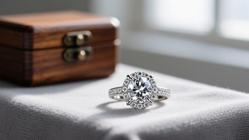 Diamond studded pendant resting on a grey microfiber cloth, with a wooden jewelry box softly blurred in the warm background light