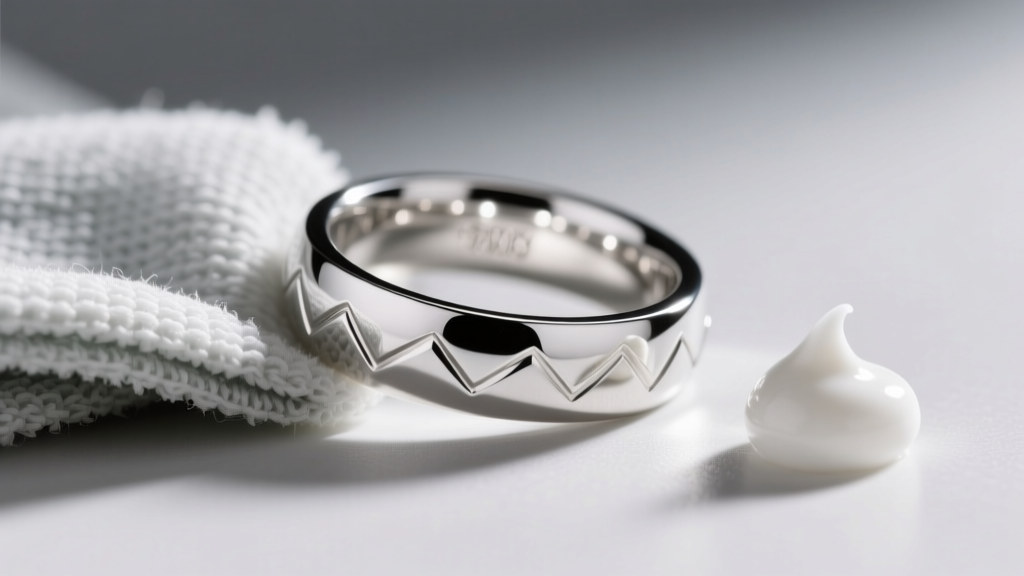 Microfiber cloth polishing a highly reflective rhodium-plated sterling silver ring, with a small dab of white toothpaste nearby.