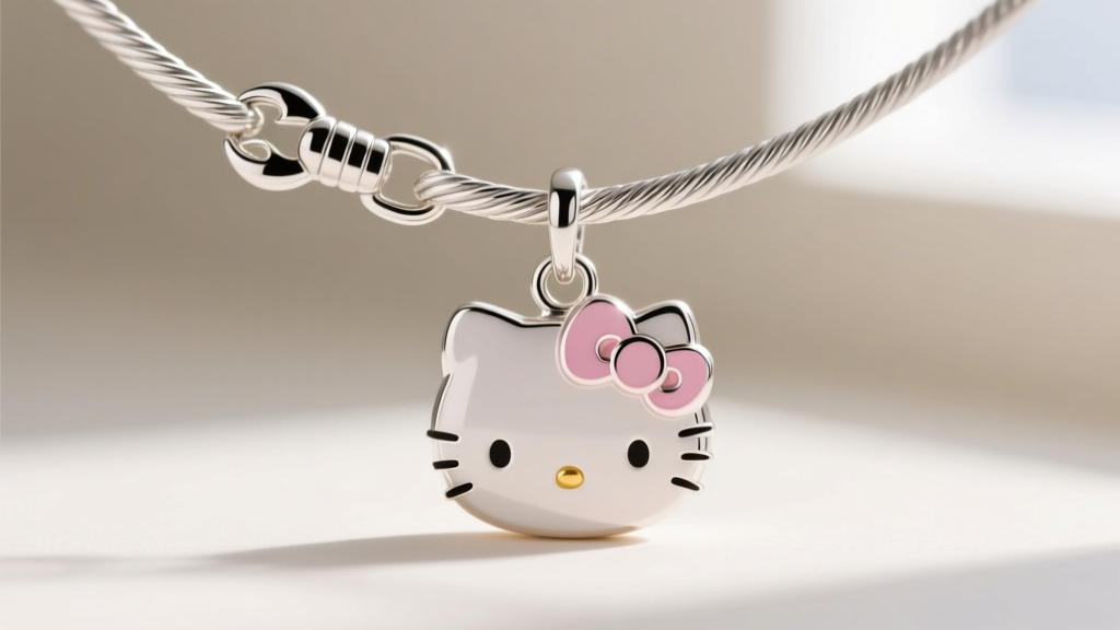 Macro photo of a 1mm sterling silver cable chain and lobster clasp securely attached to a Hello Kitty pendant soldered jump ring.