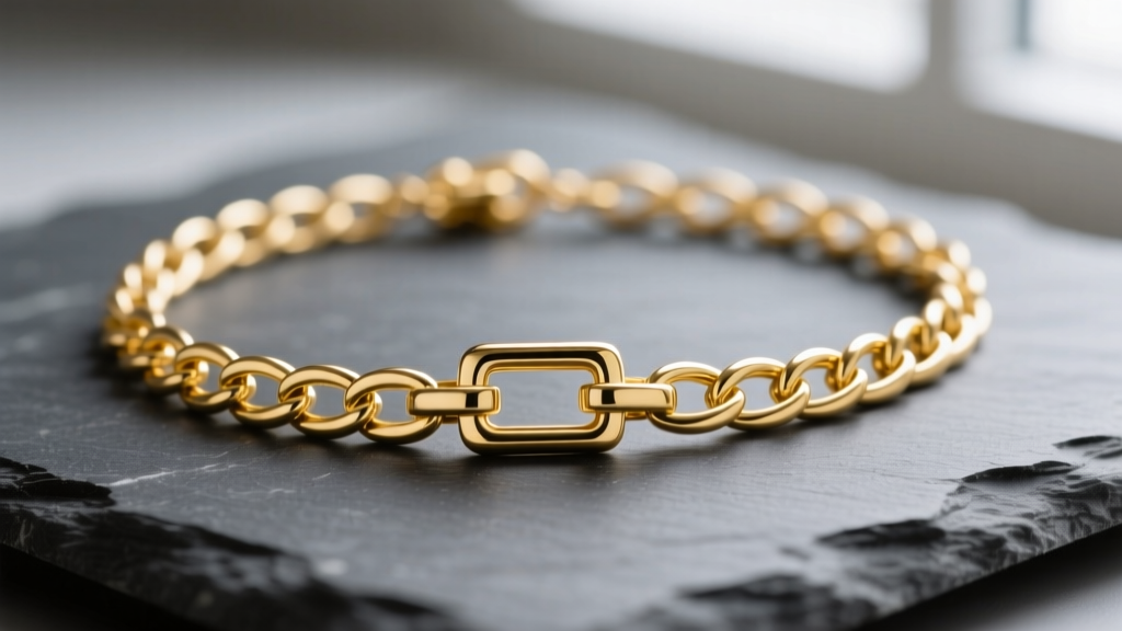 Close-up of a heavy 14k yellow gold paperclip chain necklace with a polished T-bar toggle clasp resting on dark grey slate.