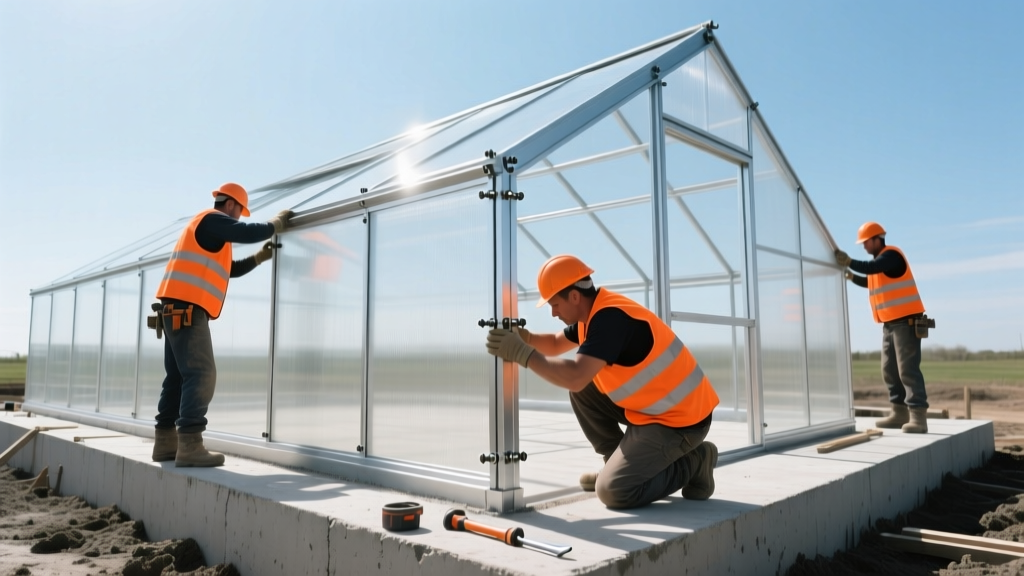 Contractors in safety vests assembling an aluminum frame for a polycarbonate greenhouse on a freshly poured concrete slab.