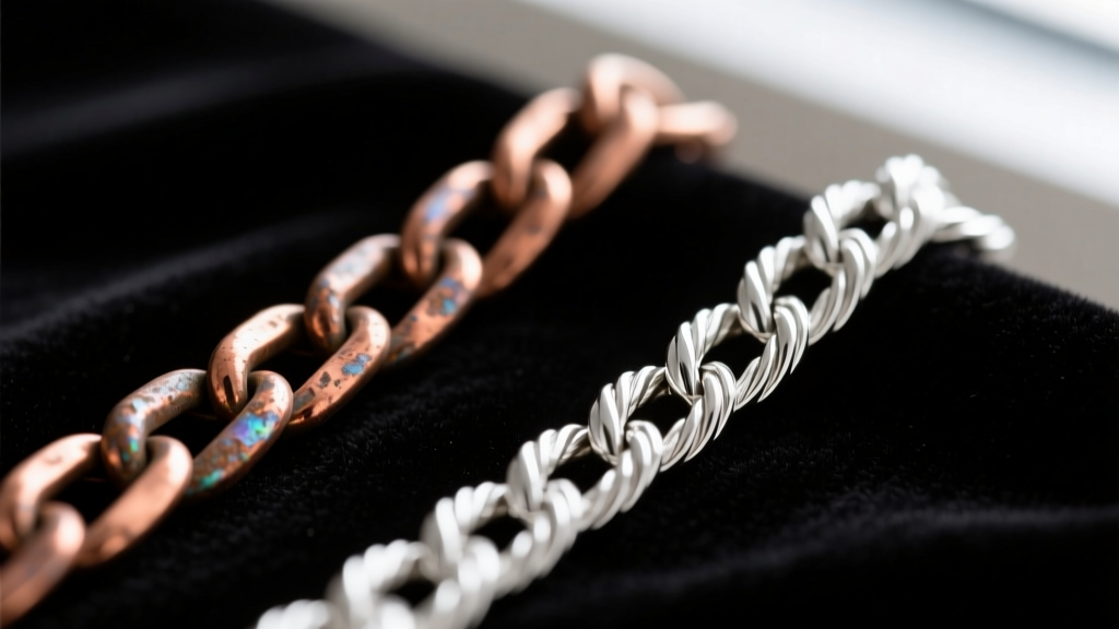 Macro shot of a slightly tarnished copper-alloy sterling chain beside an untarnished Argentium silver rope chain on dark velvet.