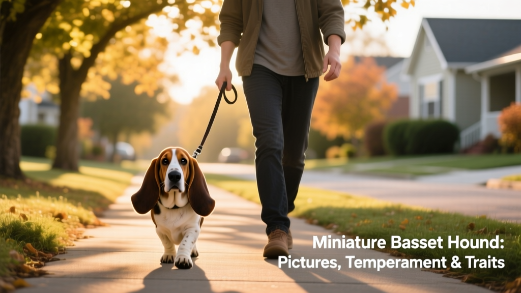 A Miniature Basset Hound walking calmly on a leash beside its owner on a tree-lined neighborhood path, ears swaying gently