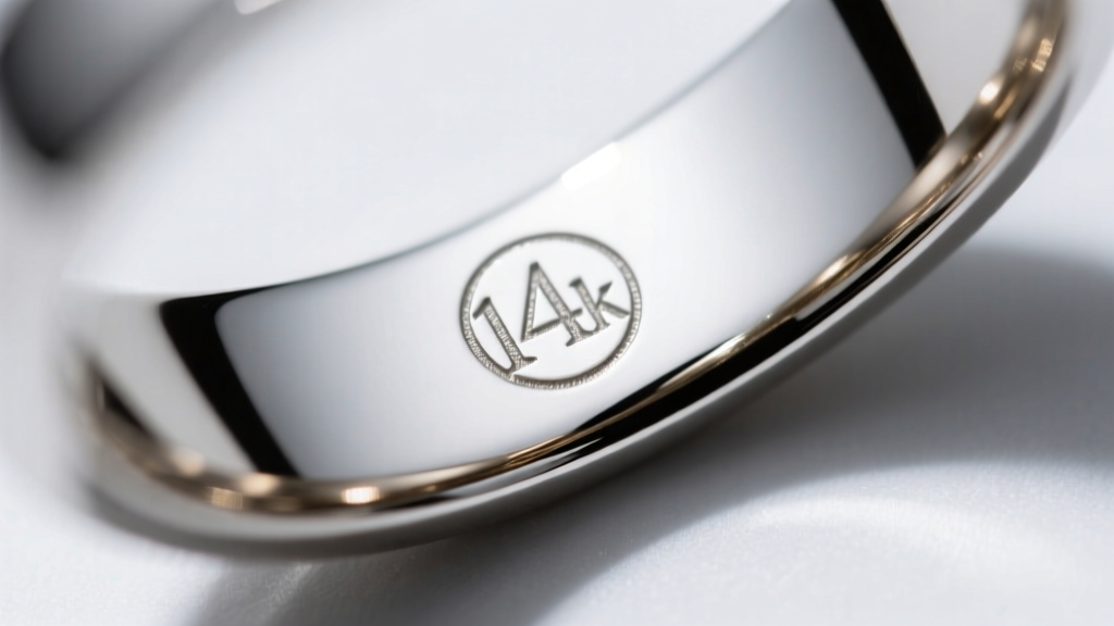 Close-up of a laser-engraved hallmark on the inner shank of a 14k white gold band, illuminated by a sharp raking light source.