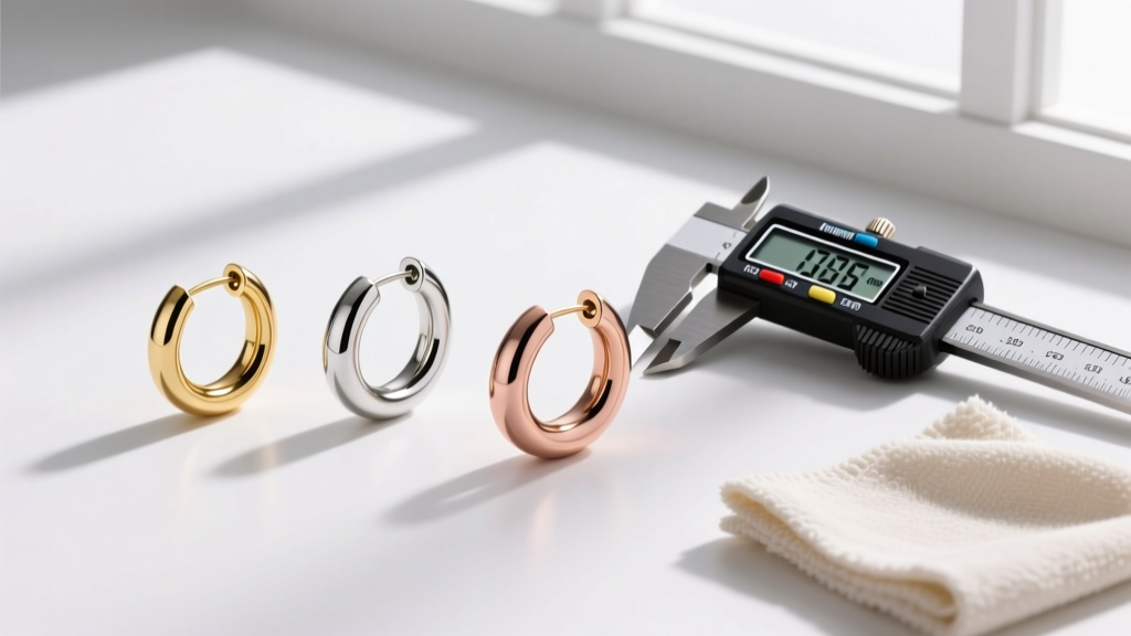Flat lay of three 1-inch hoop earrings in varying gauges, arranged next to a digital caliper and a microfiber polishing cloth