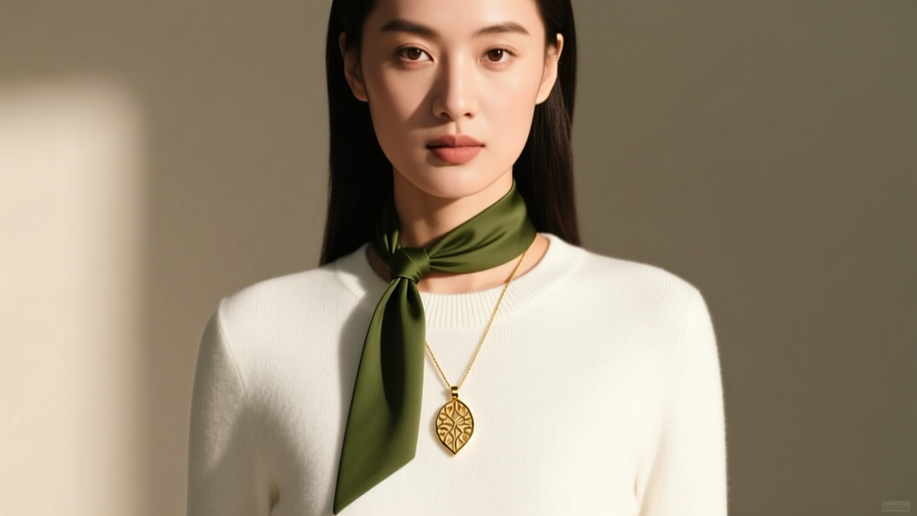 Woman wearing a gold pendant on an olive green nylon tie necklace, set to a matinee drop length over a white crewneck sweater.